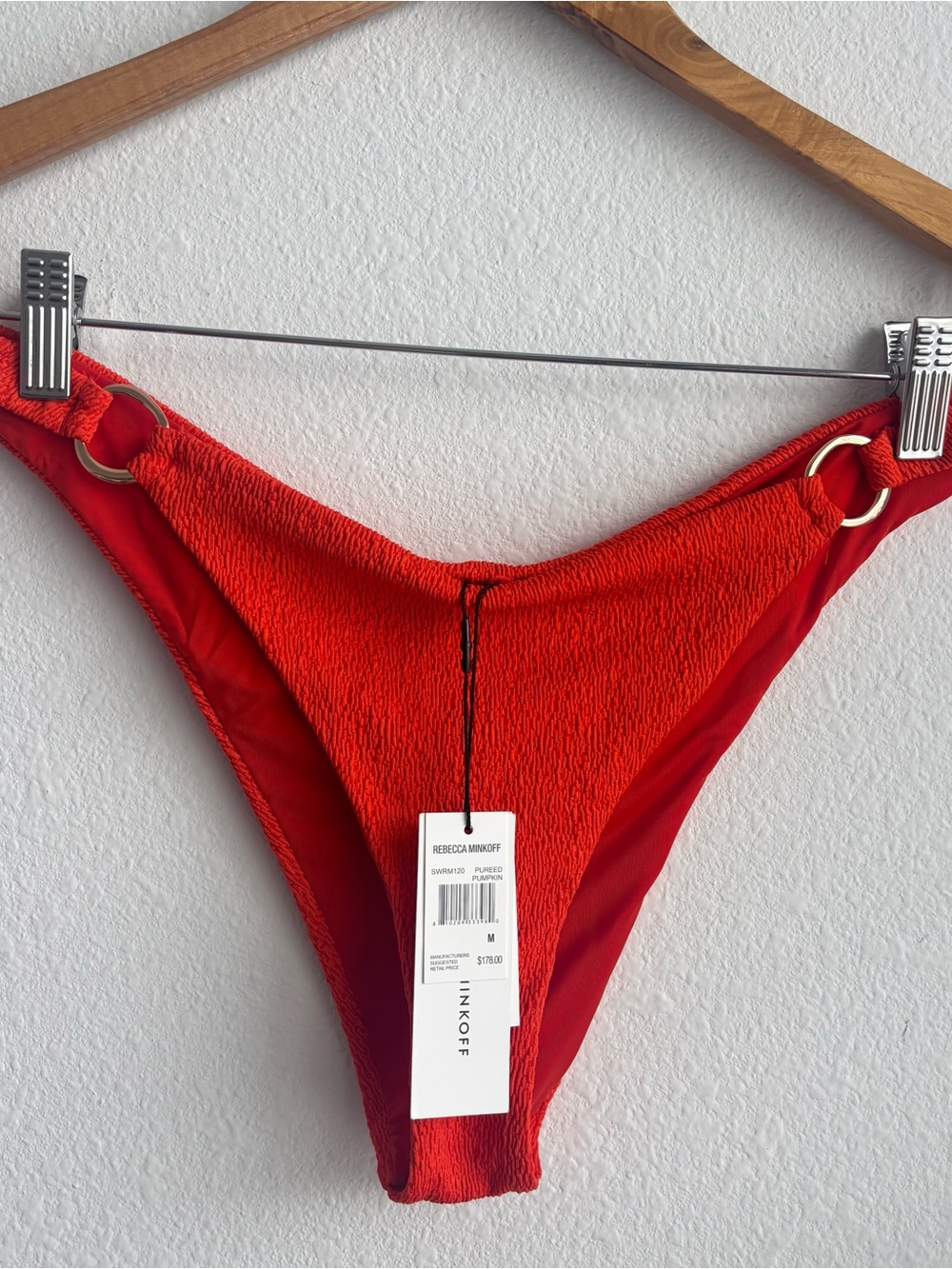 NWT Rebecca Minkoff Pureed Pumpkin Textured Bikini Bottom with Ring Details